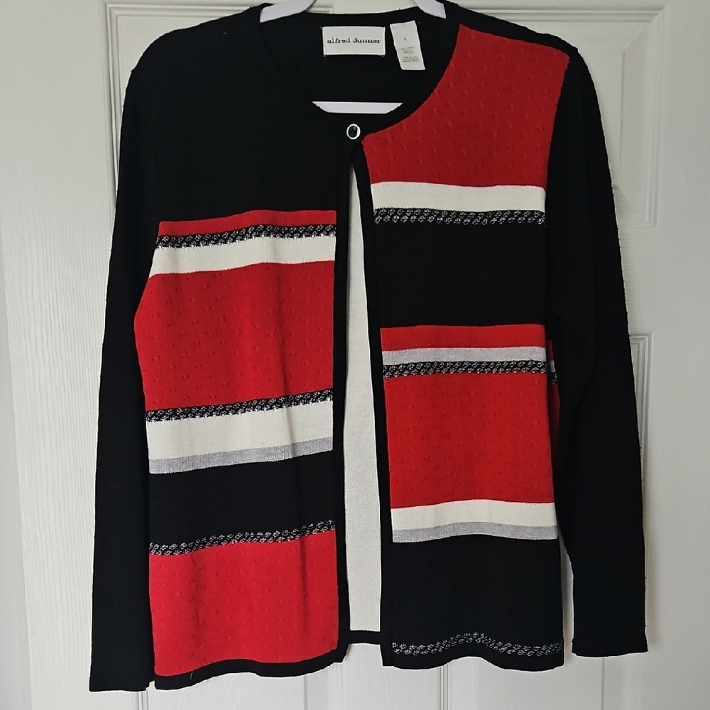 Alfred Dunner Women's Black & Red Patterned Cardigan